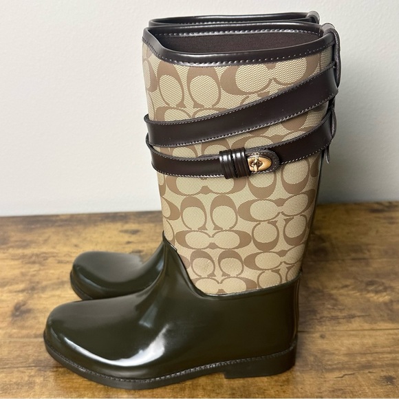 Coach Trisha II Signature Rain Boots Chestnut/Khaki Size 9 EUC - Picture 1 of 11